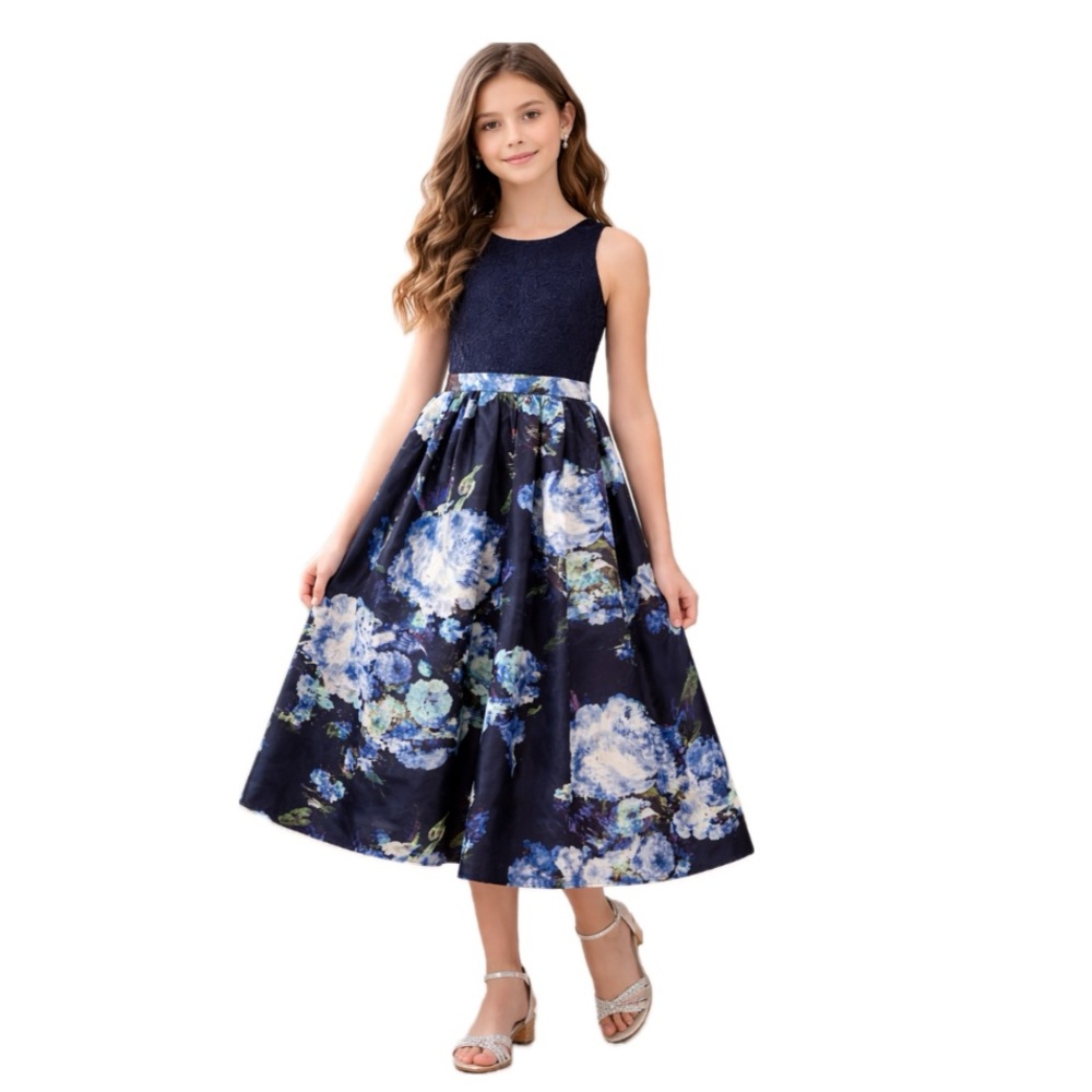 Speechless Navy Blue and White Floral Formal Dress for Girls